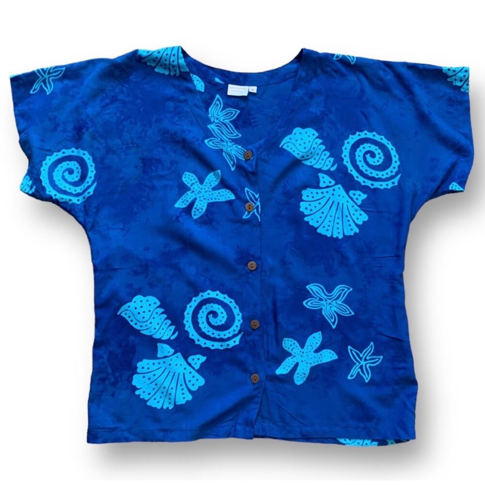 Blue Batik Tropical Shell Starfish Rayon Button Front Top Coastal Nautical Beach